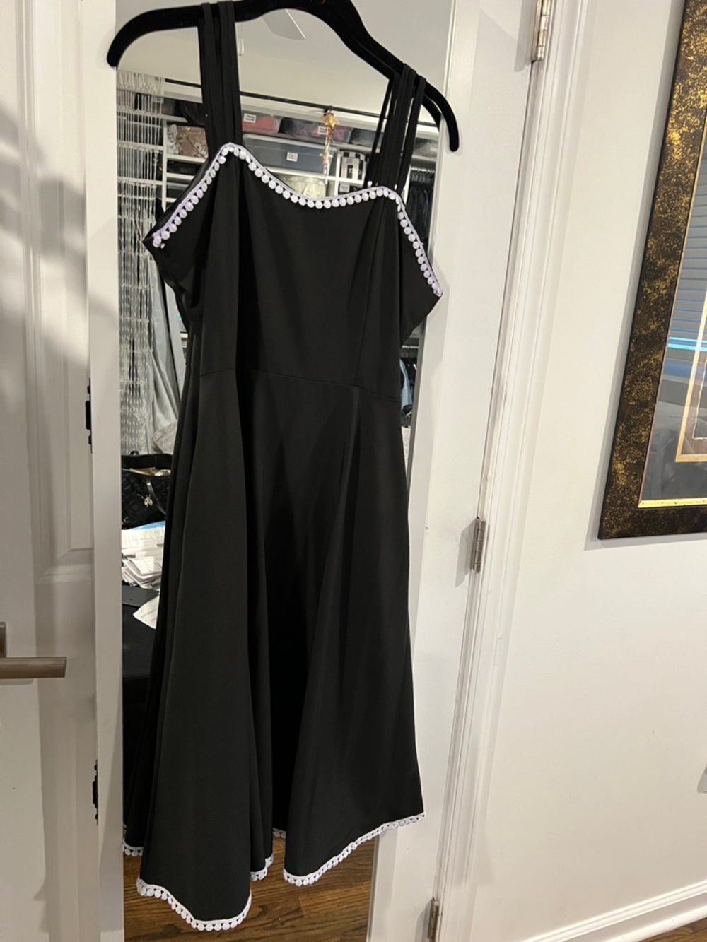 Black Cami Spaghetti Strap 50’s Style Midi Dress with White Trim